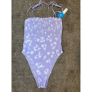 Cupshe Purple Floral Smocked One Piece Swimsuit Women's Size S